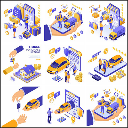 11款网上购物网上买车买房快递运输2.5D等距插图