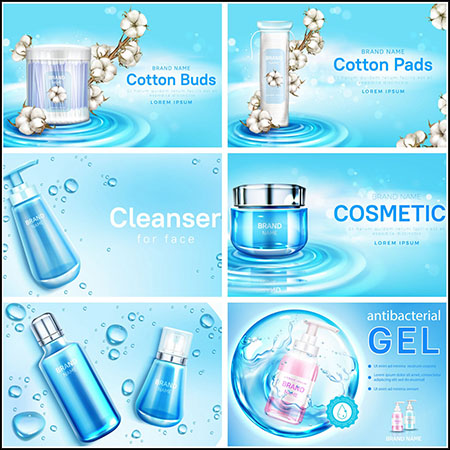 6款棉签棉垫化妆品护肤品蓝色风格横幅矢量海报