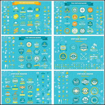 6套夏季海边旅游渡假复古徽章标志贴纸蚂蚁素材网矢量素材精选
