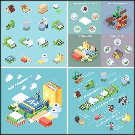 6套造纸工业工厂2.5D等距插图蚂蚁素材网矢量素材精选