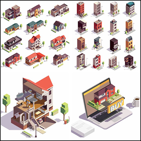 8套别墅小区建筑楼房街道2.5D等距插图蚂蚁素材网矢量素材精选